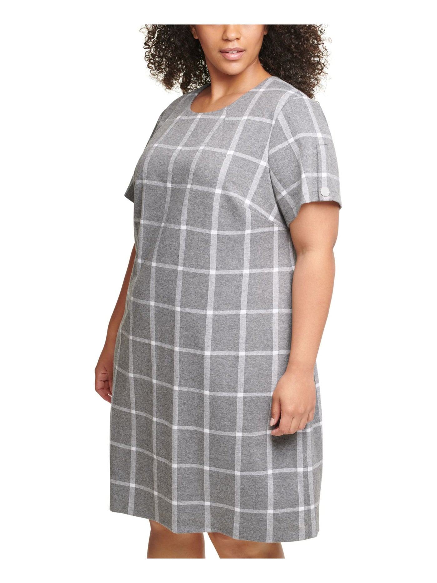 TOMMY HILFIGER Womens Gray Plaid Short Sleeve Jewel Neck Knee Length Shift Dress Plus 16W