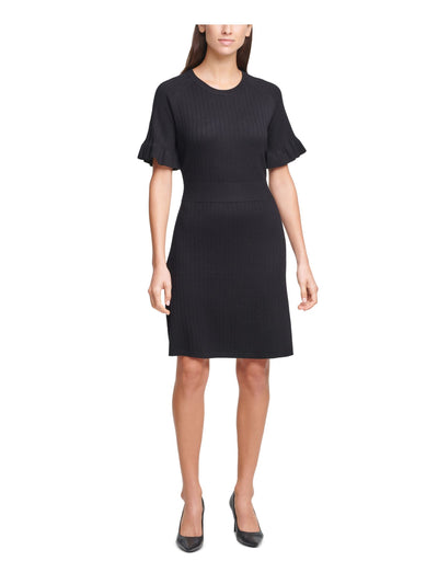 CALVIN KLEIN Womens Knit Ribbed Unlined Pullover Style Flutter Sleeve Round Neck Above The Knee Sweater Dress
