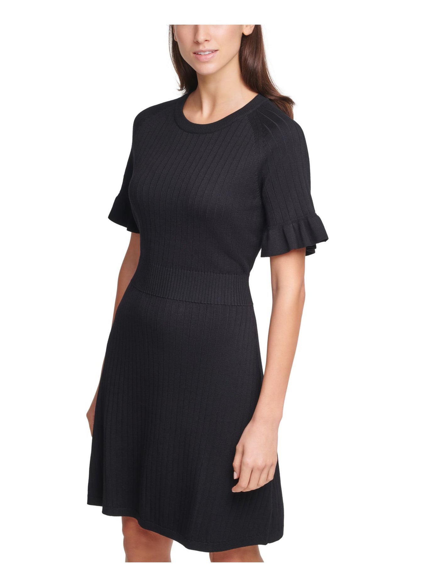 CALVIN KLEIN Womens Knit Ribbed Unlined Pullover Style Flutter Sleeve Round Neck Above The Knee Sweater Dress