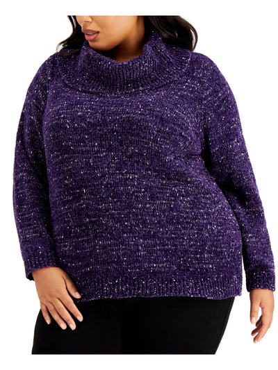 CALVIN KLEIN Womens Purple Speckle Long Sleeve Cowl Neck Sweater Plus 0X