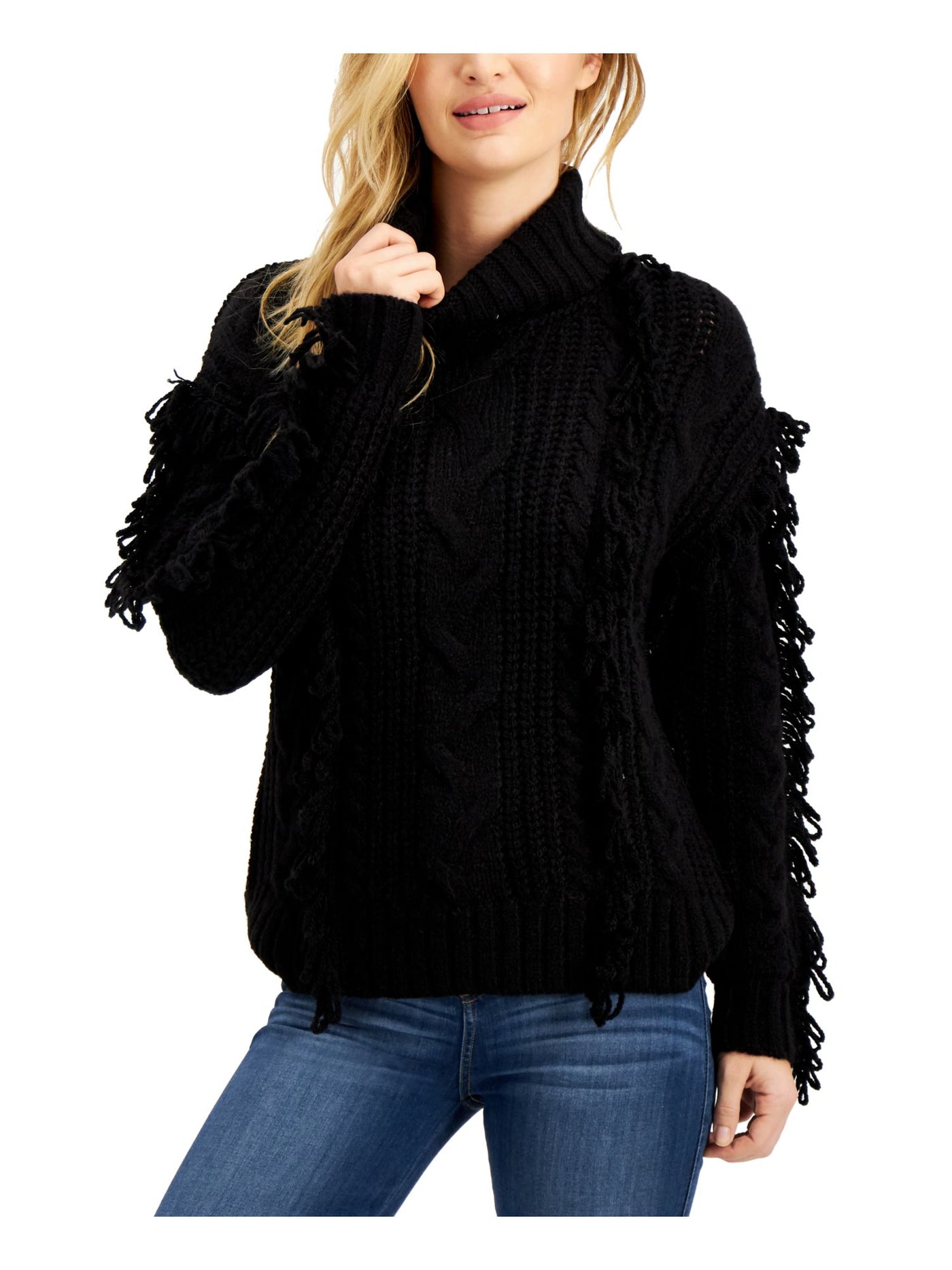 wynter Womens Black Fringed Drop Shoulder Long Sleeve Cowl Neck Sweater M