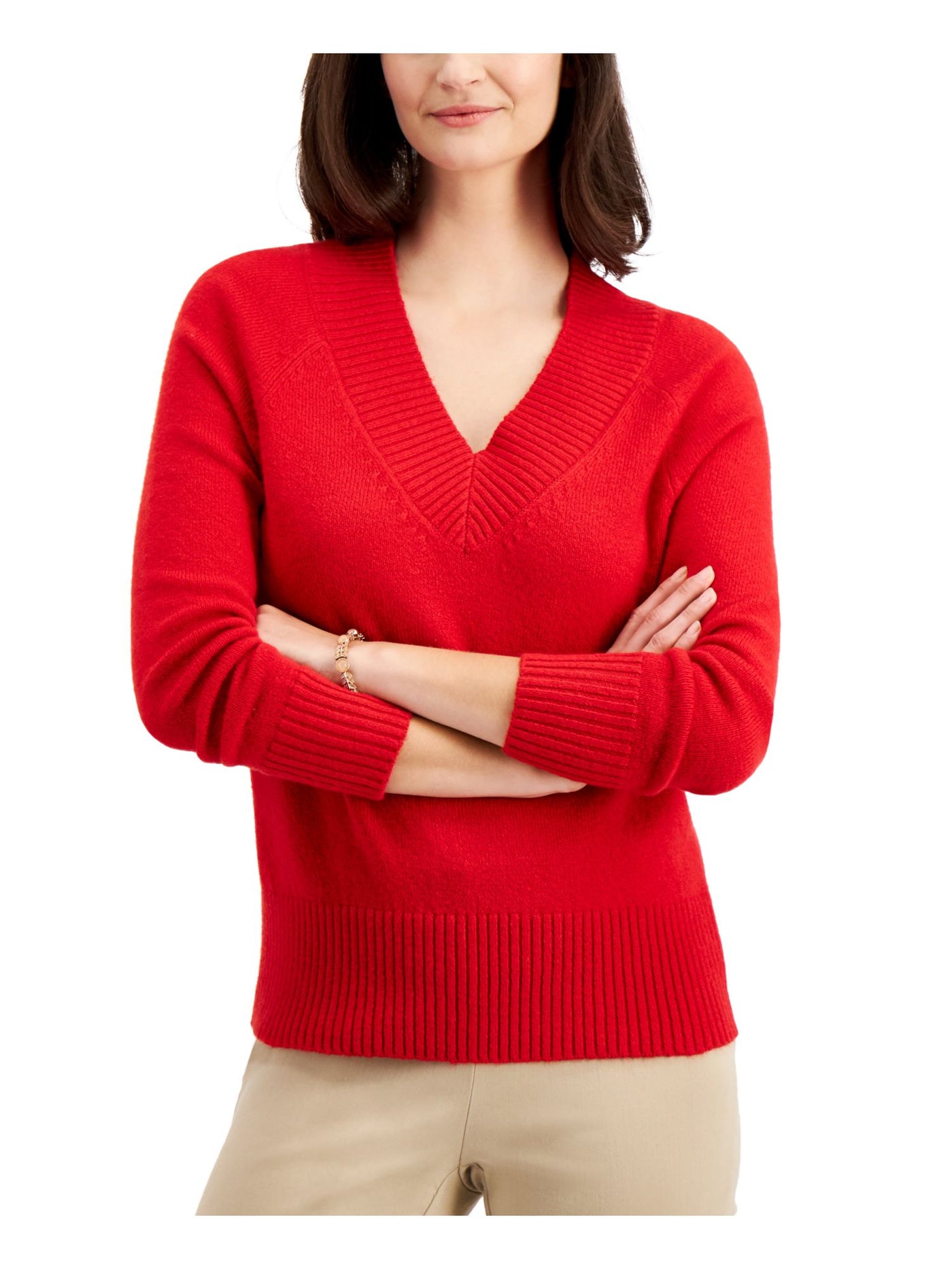CHARTER CLUB Womens Red Stretch Long Sleeve V Neck Wear To Work Sweater M