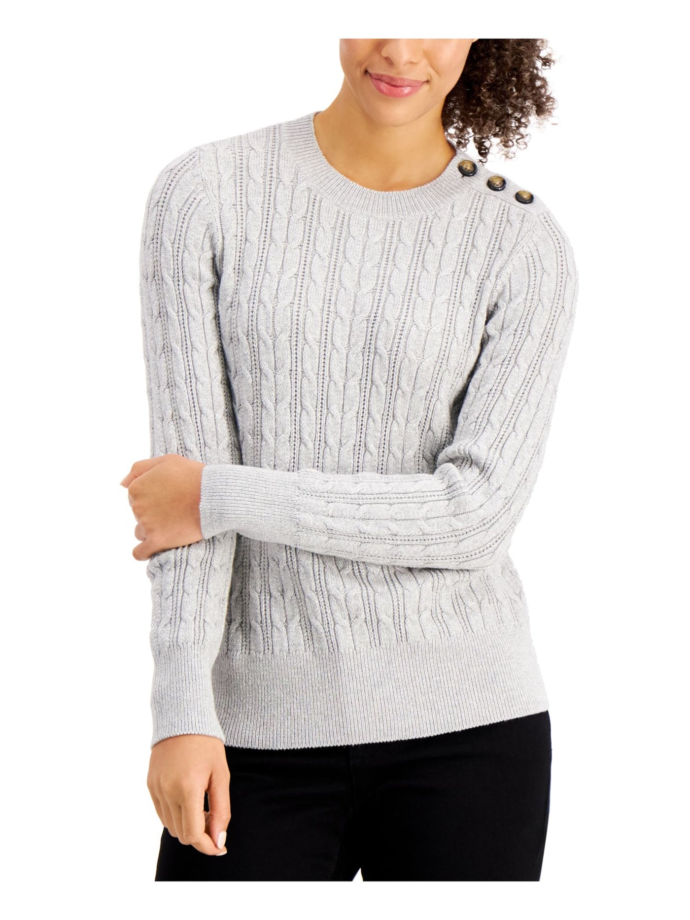 CHARTER CLUB Womens Knit Glitter Button-shoulder Cable-knit Long Sleeve Crew Neck Sweater