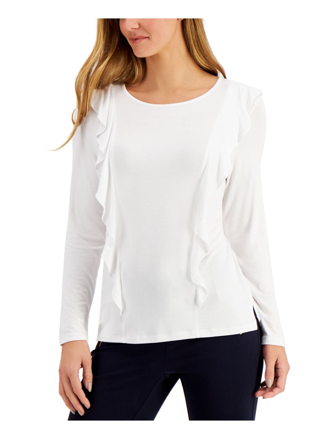 CHARTER CLUB Womens White Stretch Ruffled Long Sleeve Jewel Neck Wear To Work Top Petites PM