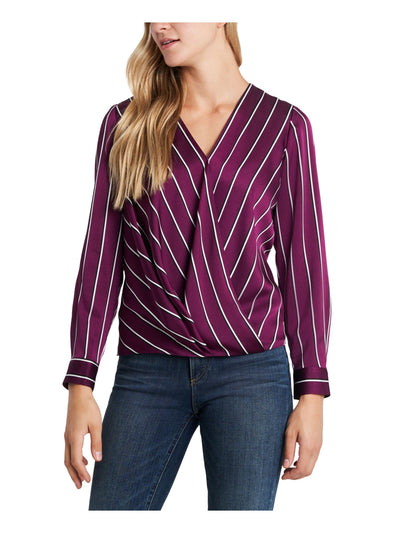 VINCE CAMUTO Womens Burgundy Textured Snap Front Striped Cuffed Sleeve Wrap Top XS