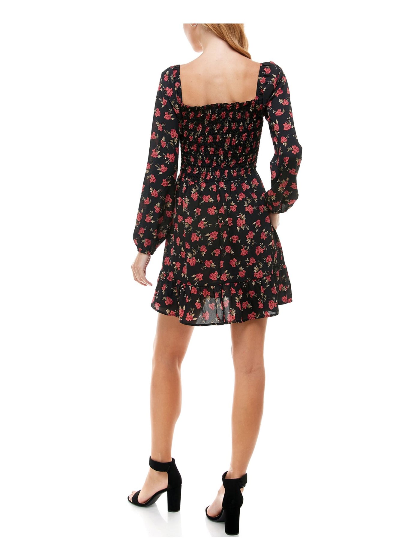 TRIXXI Womens Black Smocked Ruffled Floral Long Sleeve Square Neck Mini Evening Fit + Flare Dress Juniors XL