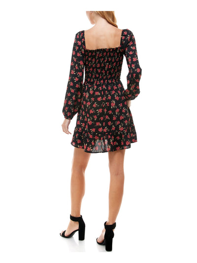 TRIXXI Womens Black Smocked Ruffled Floral Long Sleeve Square Neck Mini Evening Fit + Flare Dress Juniors S