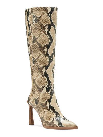 VINCE CAMUTO Womens Beige Snake Print Padded Pelsna Pointed Toe Flare Zip-Up Heeled Boots 8.5 M