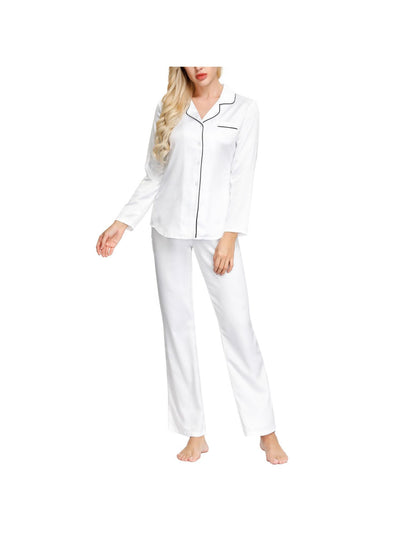INK + IVY Womens White Notched Collar Long Sleeve Button Up Top Straight leg Pants Satin Pajamas XL
