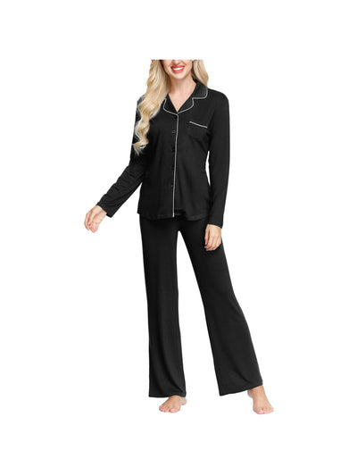 INK + IVY Womens Black Drawstring Long Sleeve Button Up Top Straight leg Pants Jersey Pajamas M