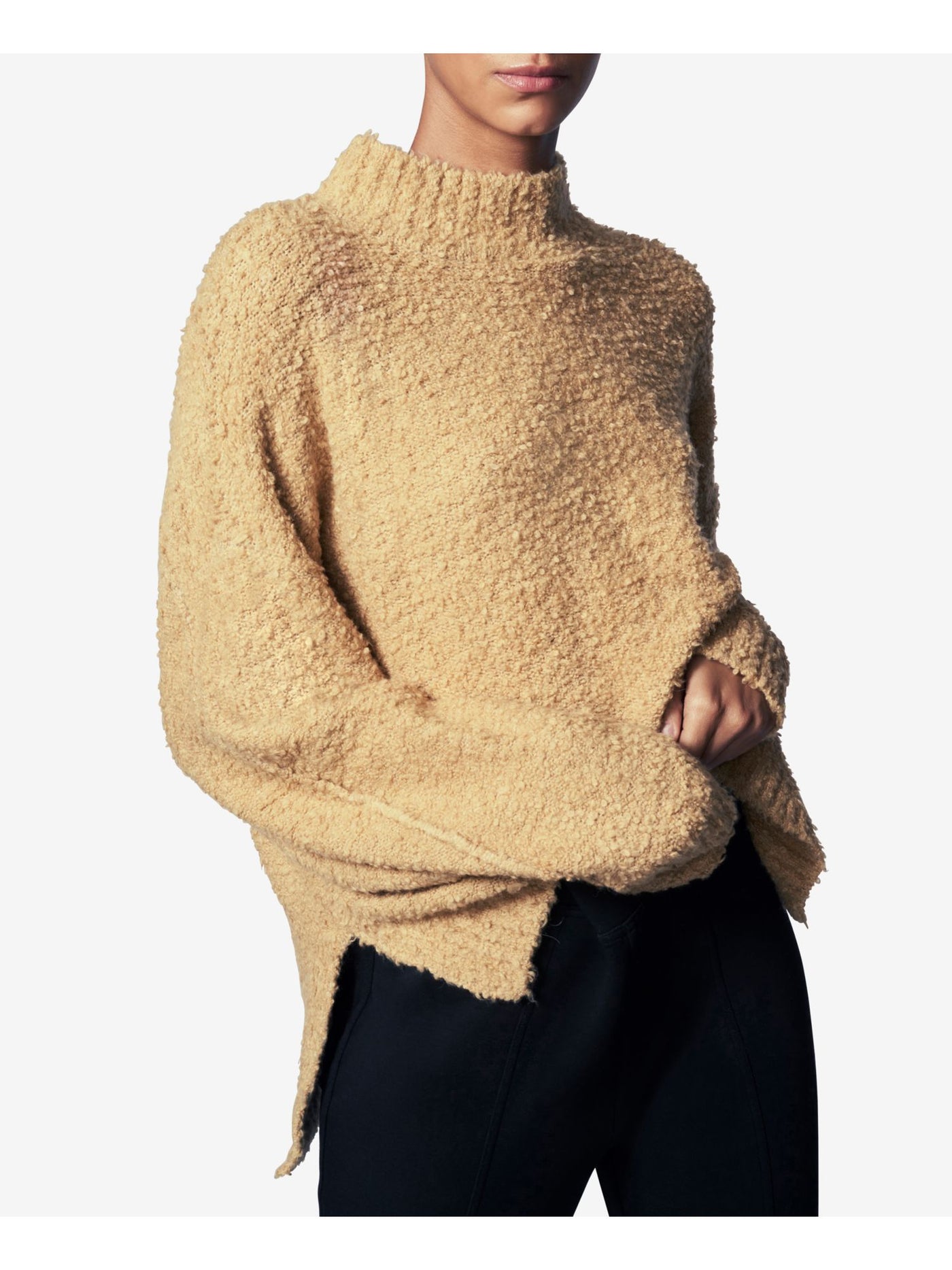 B NEW YORK Womens Beige Slitted Mock Neck Long Sleeve Sweater XS
