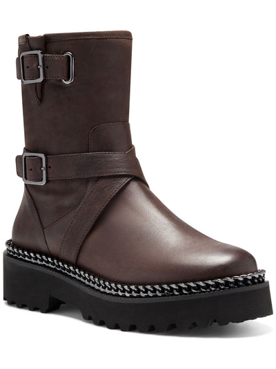 VINCE CAMUTO Womens Brown Chain Detailing Buckle Accent Lug Sole Messtia Round Toe Platform Zip-Up Leather Booties 5.5 M