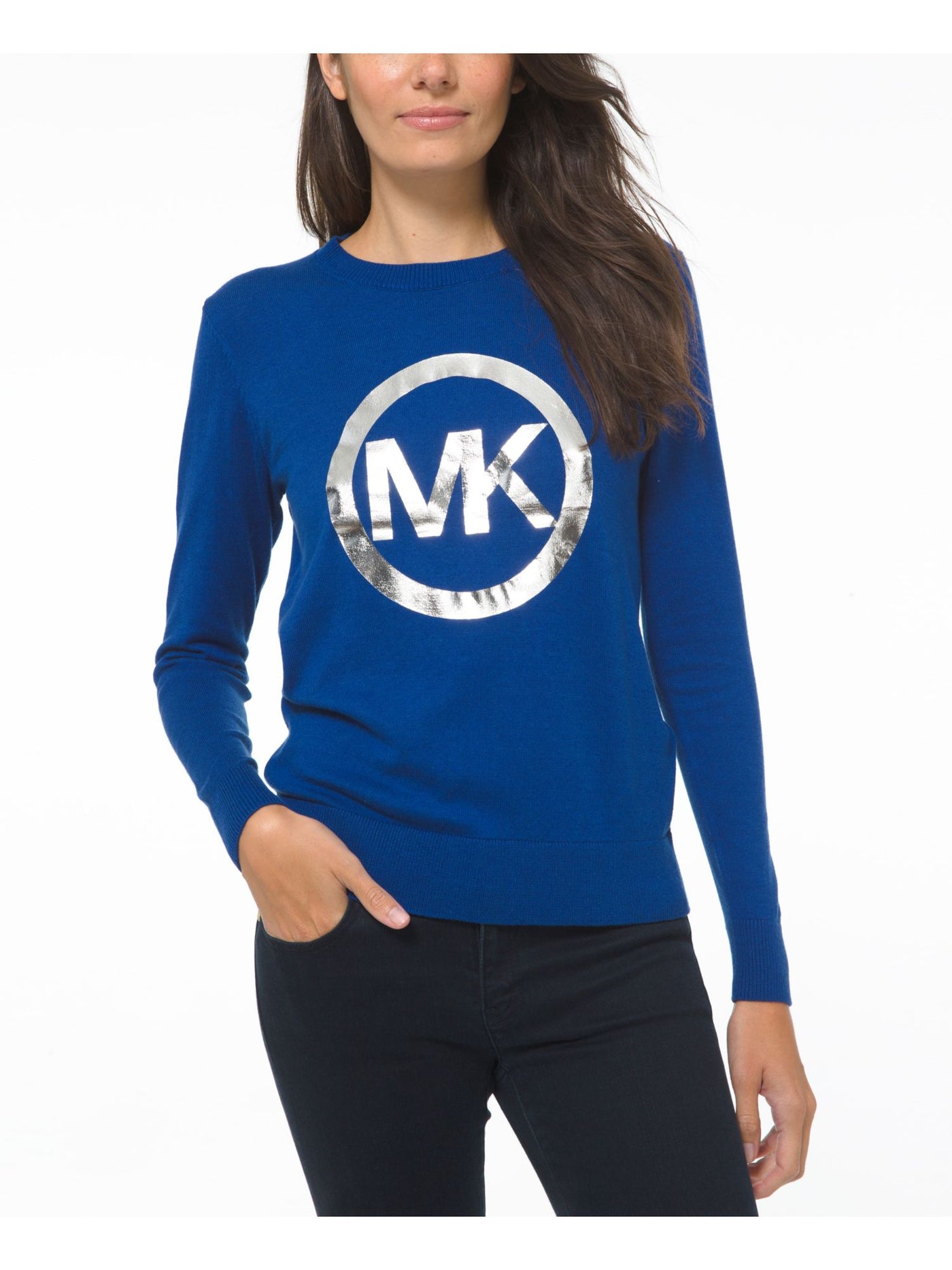 MICHAEL MICHAEL KORS Womens Blue Knit Logo Graphic Long Sleeve Crew Neck Sweater S