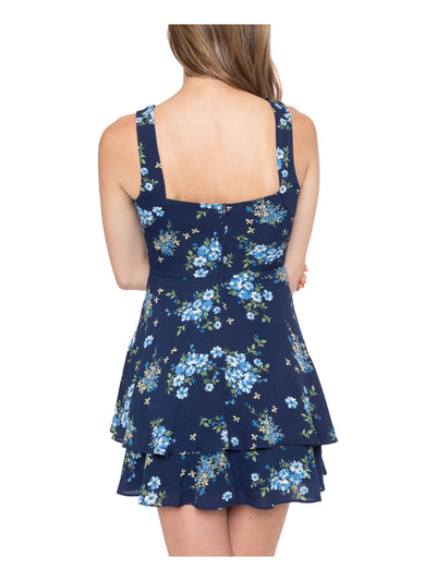 B DARLIN Womens Navy Low-back Floral Sleeveless Round Neck Short Layered Dress 3\4