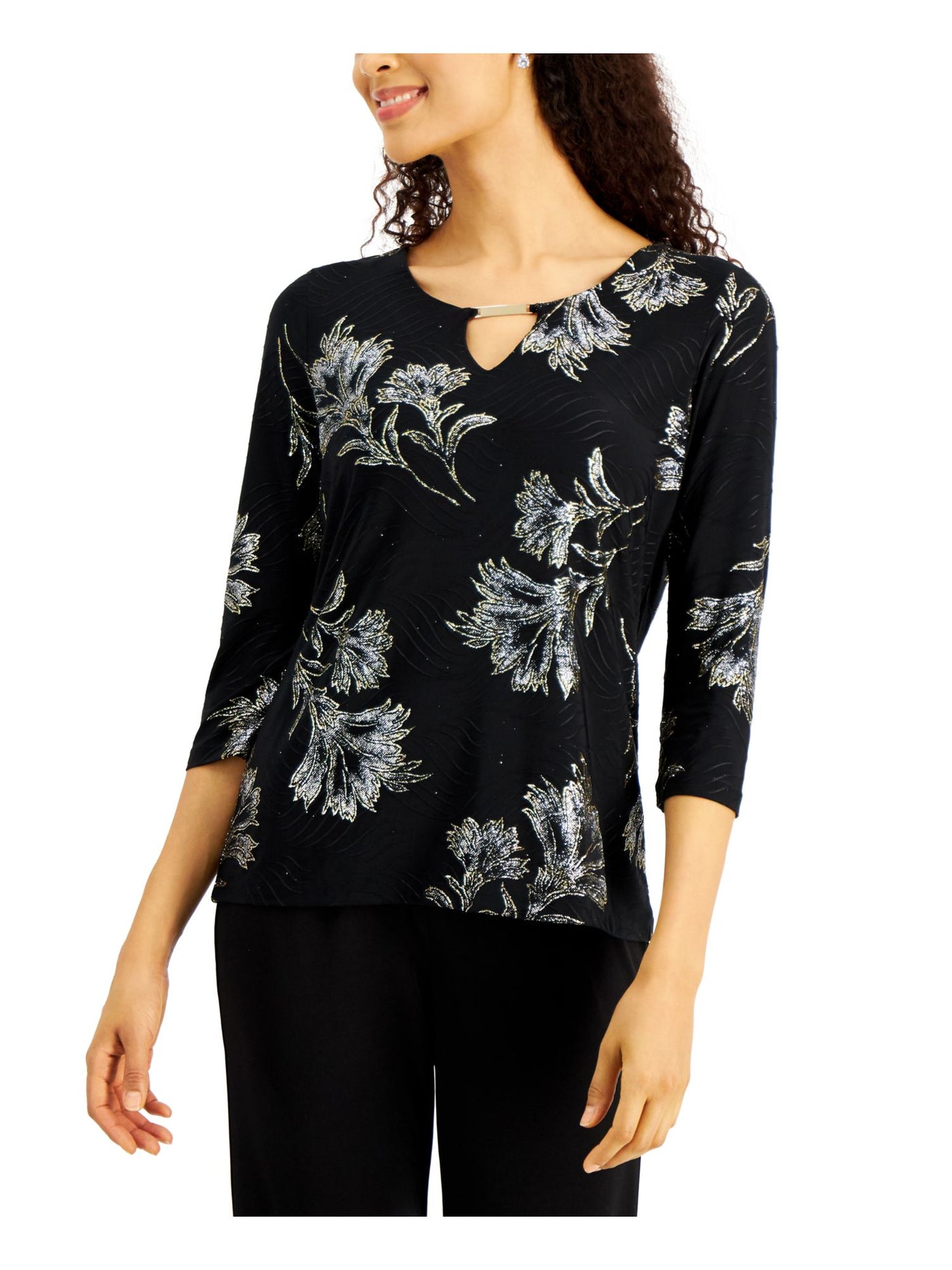 JM COLLECTION Womens Black Glitter Textured Hardware Floral 3/4 Sleeve Keyhole Wear To Work Top S