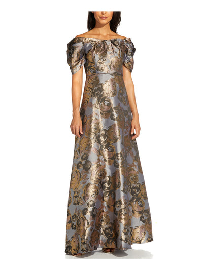 ADRIANNA PAPELL Womens Blue Zippered Gown Floral Pouf Off Shoulder Full-Length Formal Dress 2