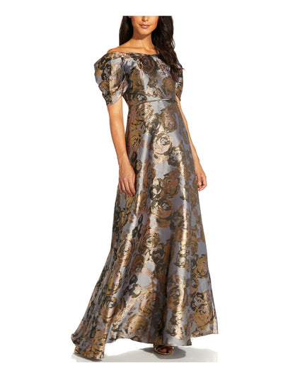 ADRIANNA PAPELL Womens Blue Zippered Gown Floral Pouf Off Shoulder Full-Length Formal Dress 2