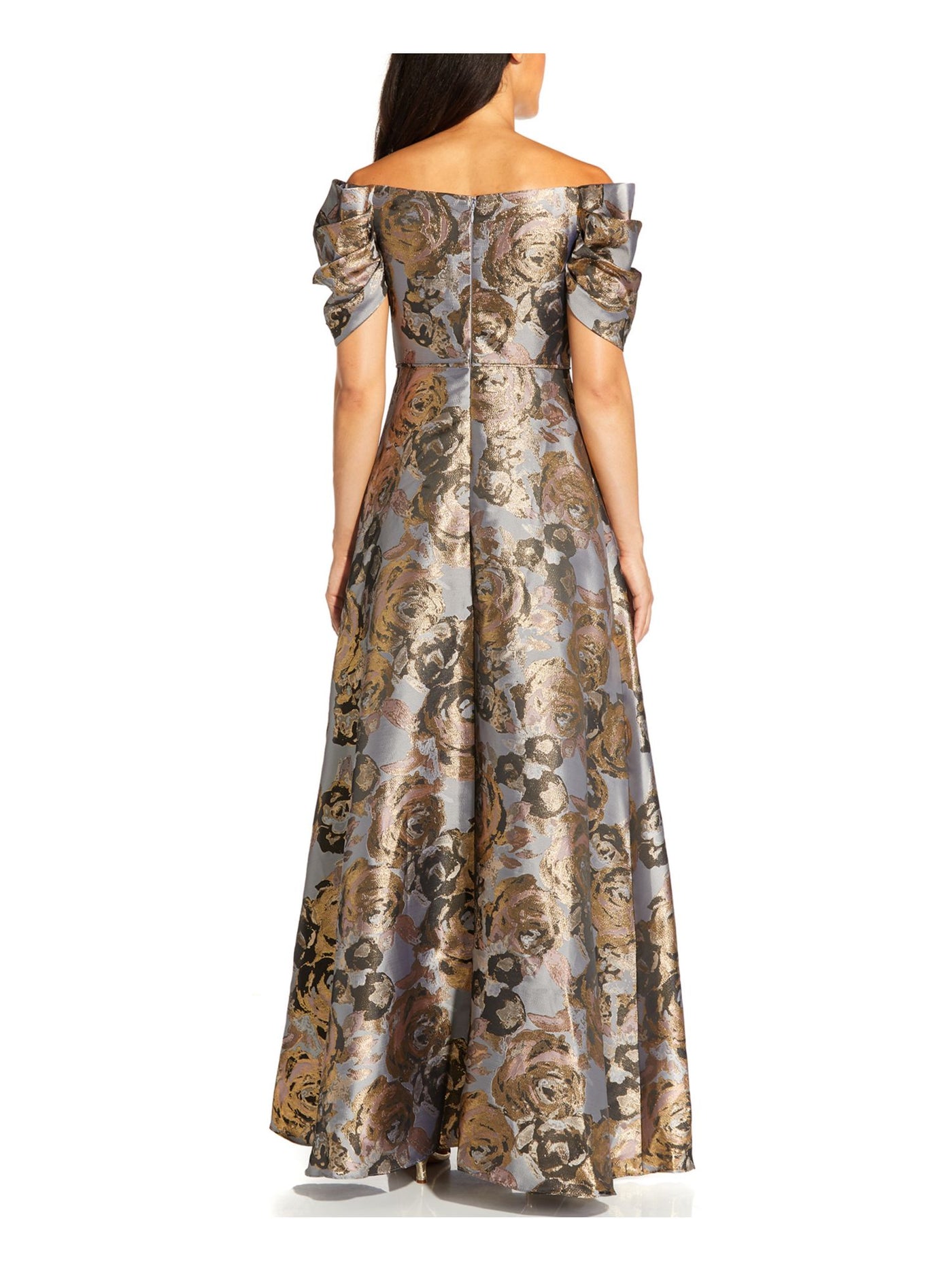 ADRIANNA PAPELL Womens Blue Zippered Gown Floral Pouf Off Shoulder Full-Length Formal Dress 2