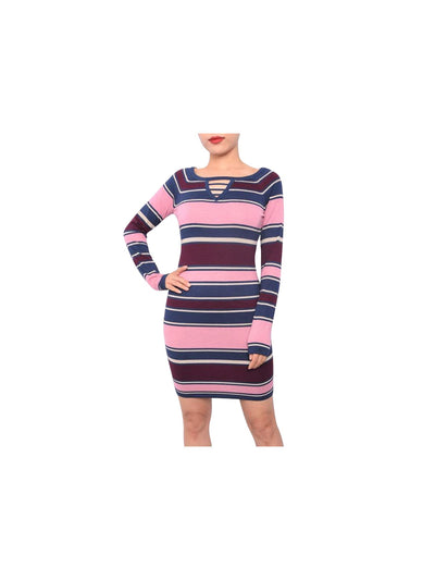 PLANET GOLD Womens Blue Cut Out Striped Long Sleeve Keyhole Above The Knee Body Con Dress L