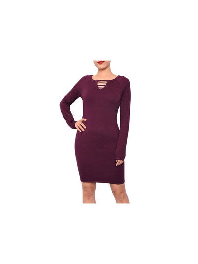 PLANET GOLD Womens Burgundy Long Sleeve Boat Neck Above The Knee Body Con Dress S