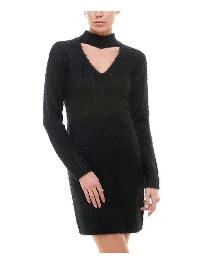 PLANET GOLD Womens Black Cut Out Sweater Long Sleeve Keyhole Short Sheath Dress Juniors S