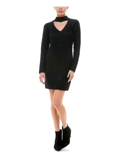 PLANET GOLD Womens Black Cut Out Sweater Long Sleeve Keyhole Short Sheath Dress Juniors L