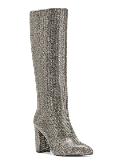 INC Womens Silver Rhinestone Pointed Toe Block Heel Zip-Up Heeled Boots 6