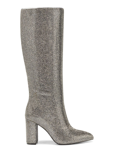 INC Womens Silver Rhinestone Pointed Toe Block Heel Zip-Up Heeled Boots 6