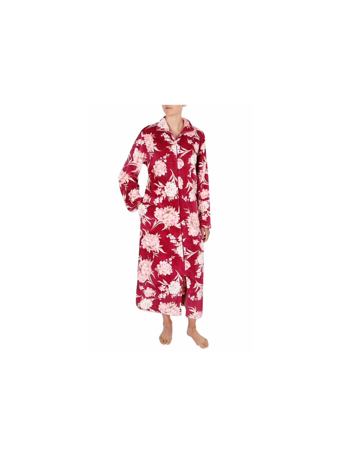 MISS ELAINE Intimates Burgundy Pocketed Floral Robe M