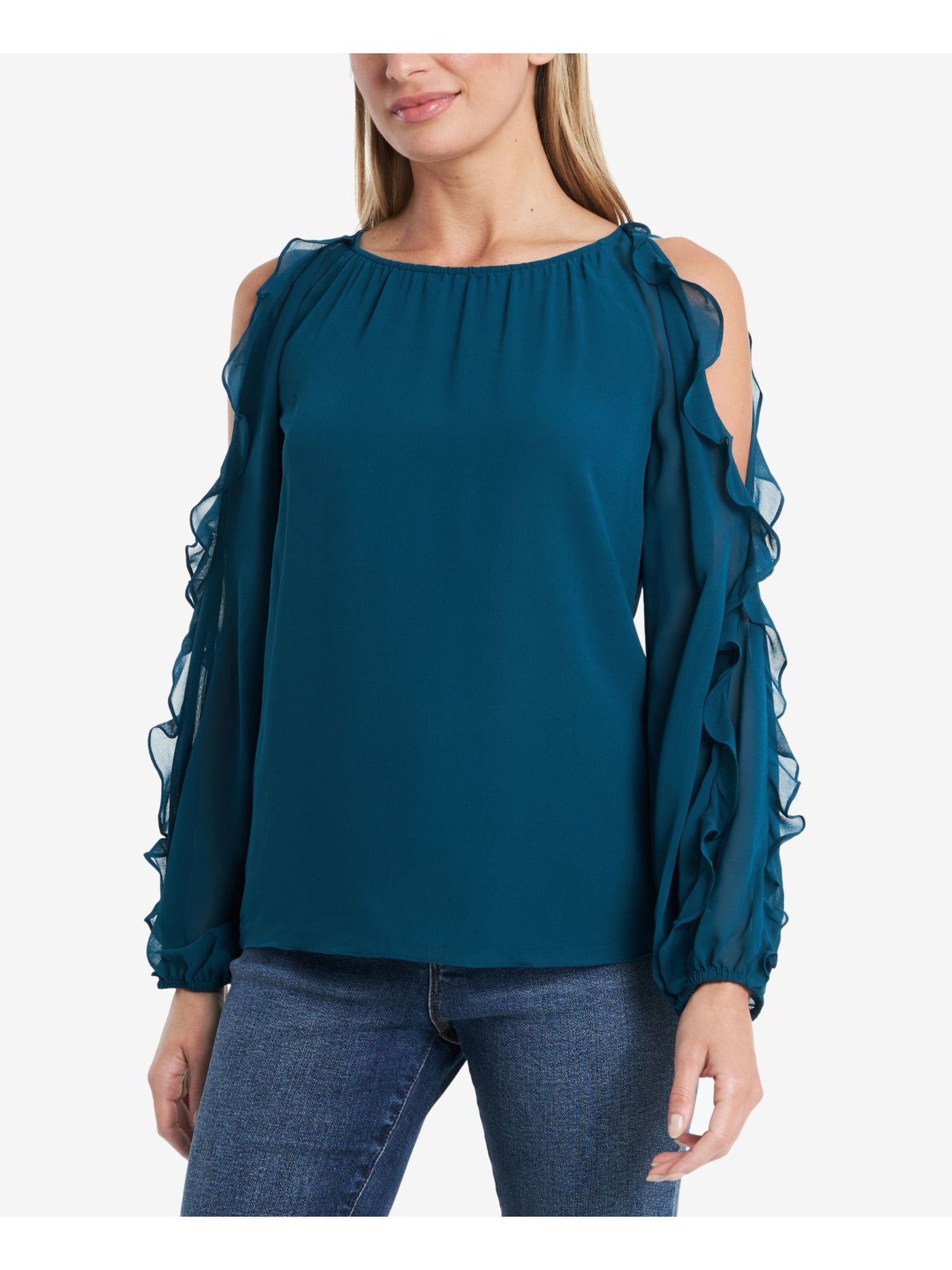 1. STATE Womens Teal Ruffled Cold Shoulder Long Sleeve Scoop Neck Top S