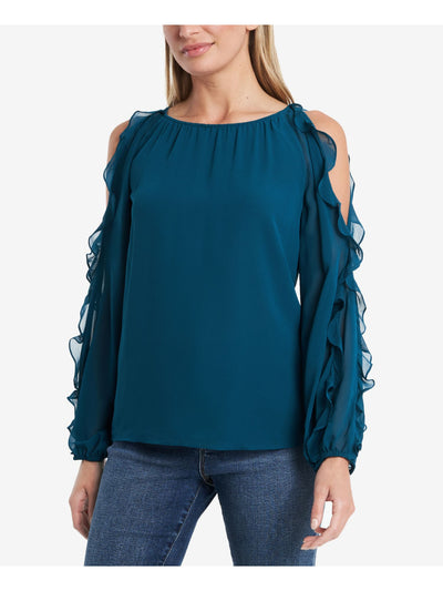 1. STATE Womens Ruffled Cold Shoulder Long Sleeve Scoop Neck Blouse