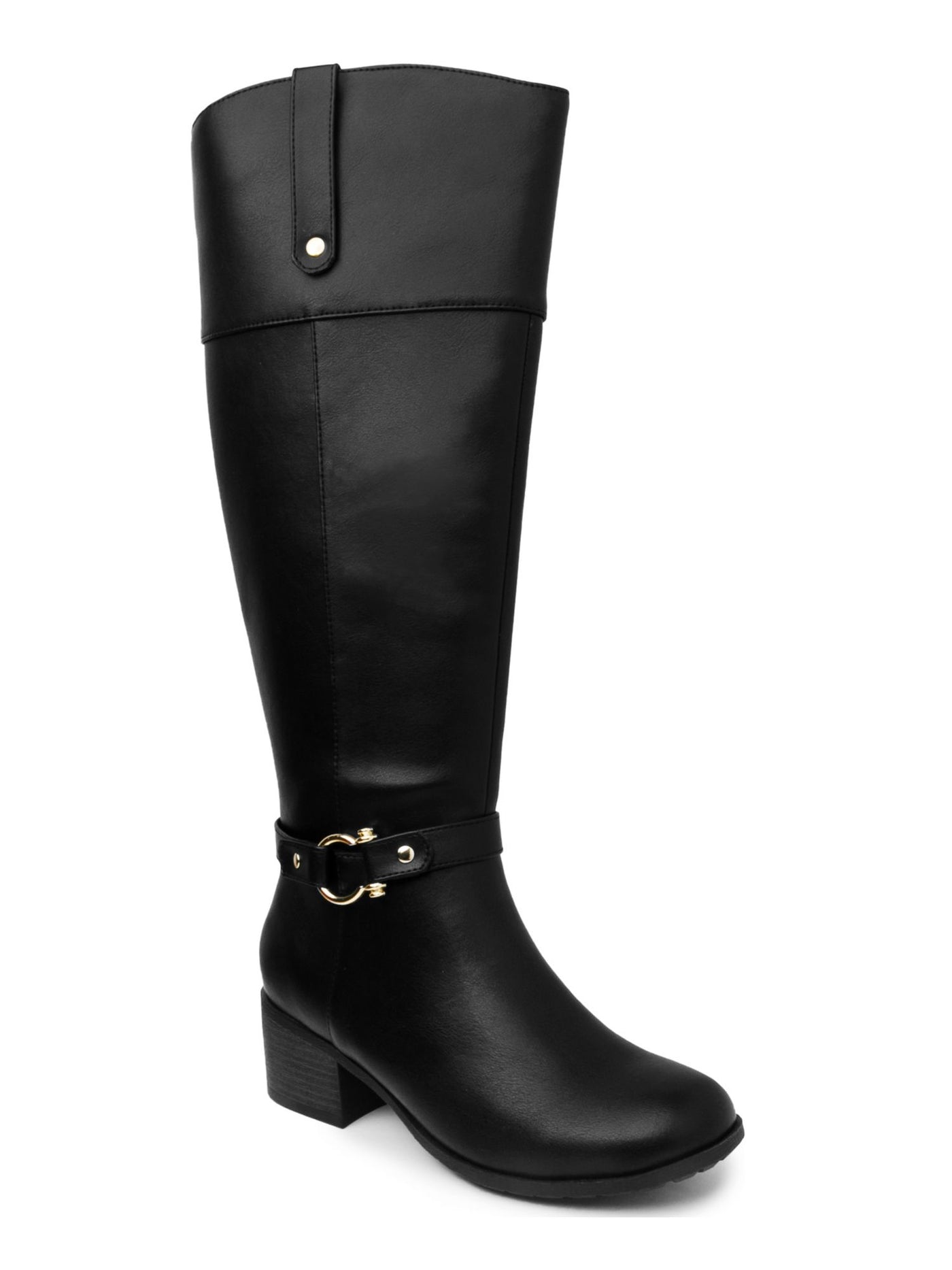 KAREN SCOTT Womens Black Crocodile Harness Straps Ring Hardware Wide Calf Vickyy Almond Toe Block Heel Zip-Up Riding Boot 6.5 W WC