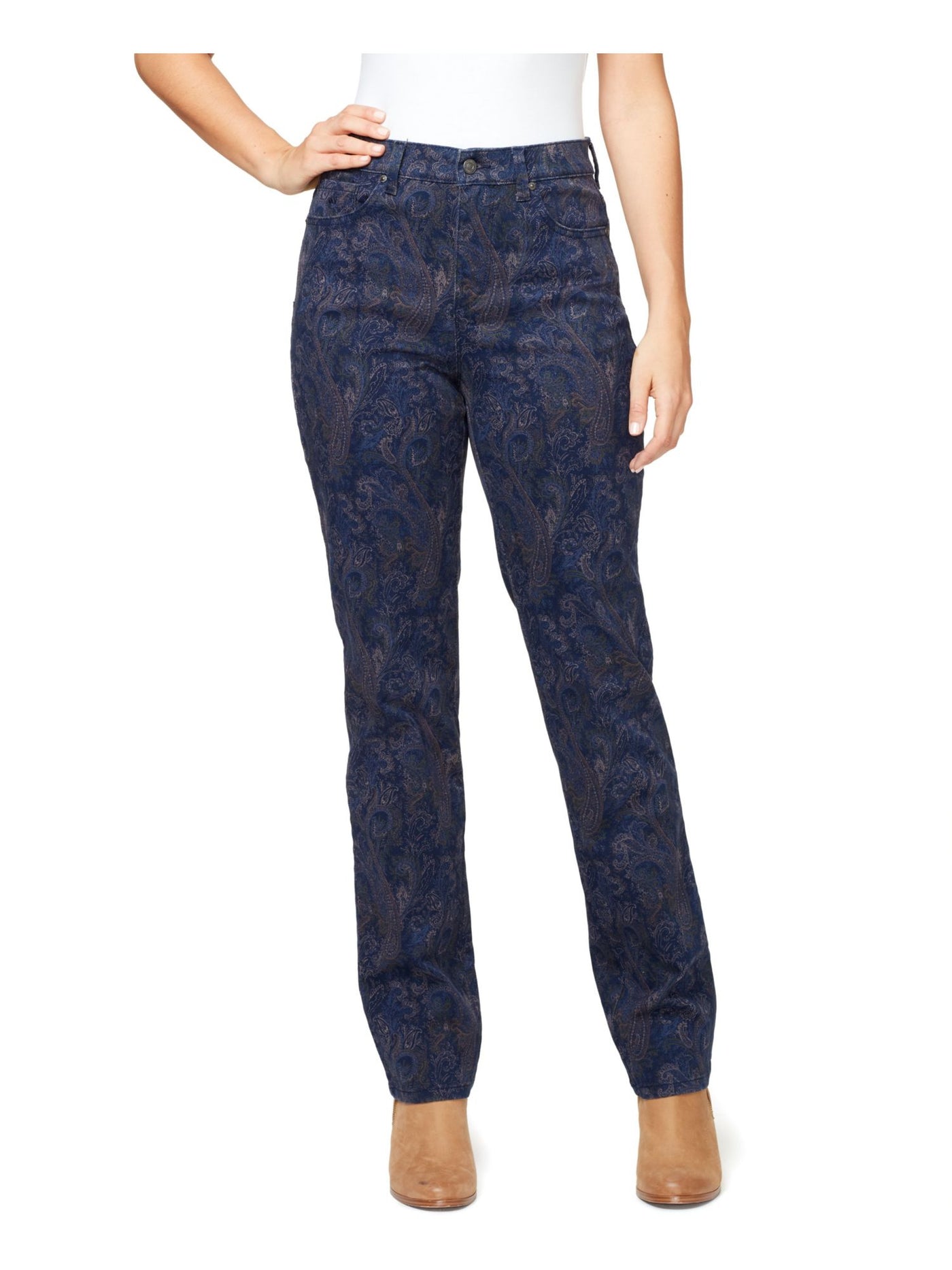 GLORIA VANDERBILT Womens Blue Zippered Pocketed Belt Loop Printed Straight leg Jeans Petites 14P