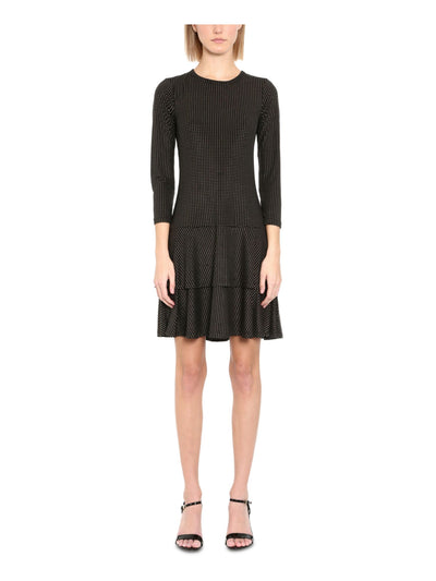 MICHAEL MICHAEL KORS Womens Black Embellished Flounce-hem 3/4 Sleeve Crew Neck Short Fit + Flare Dress M