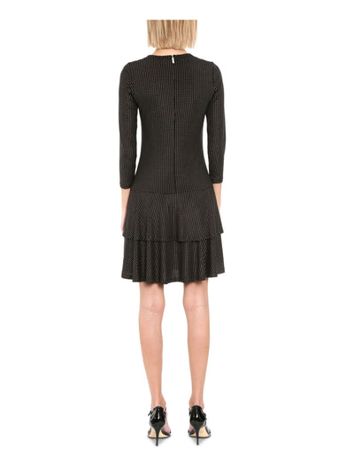 MICHAEL MICHAEL KORS Womens Black Embellished Flounce-hem 3/4 Sleeve Crew Neck Short Fit + Flare Dress M