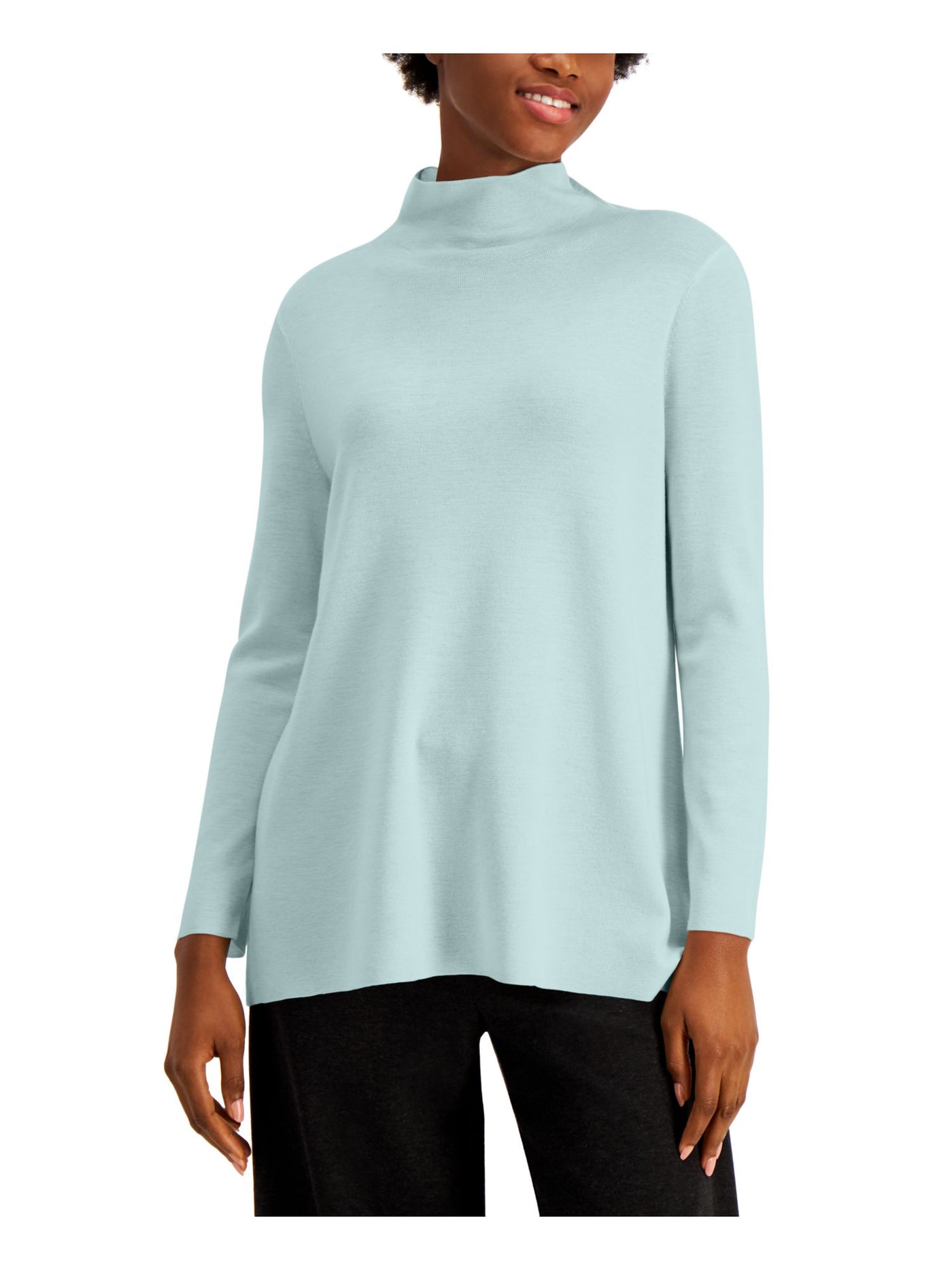 EILEEN FISHER Womens Blue Asymmetrical Long Sleeve Mock Tunic Sweater XXS