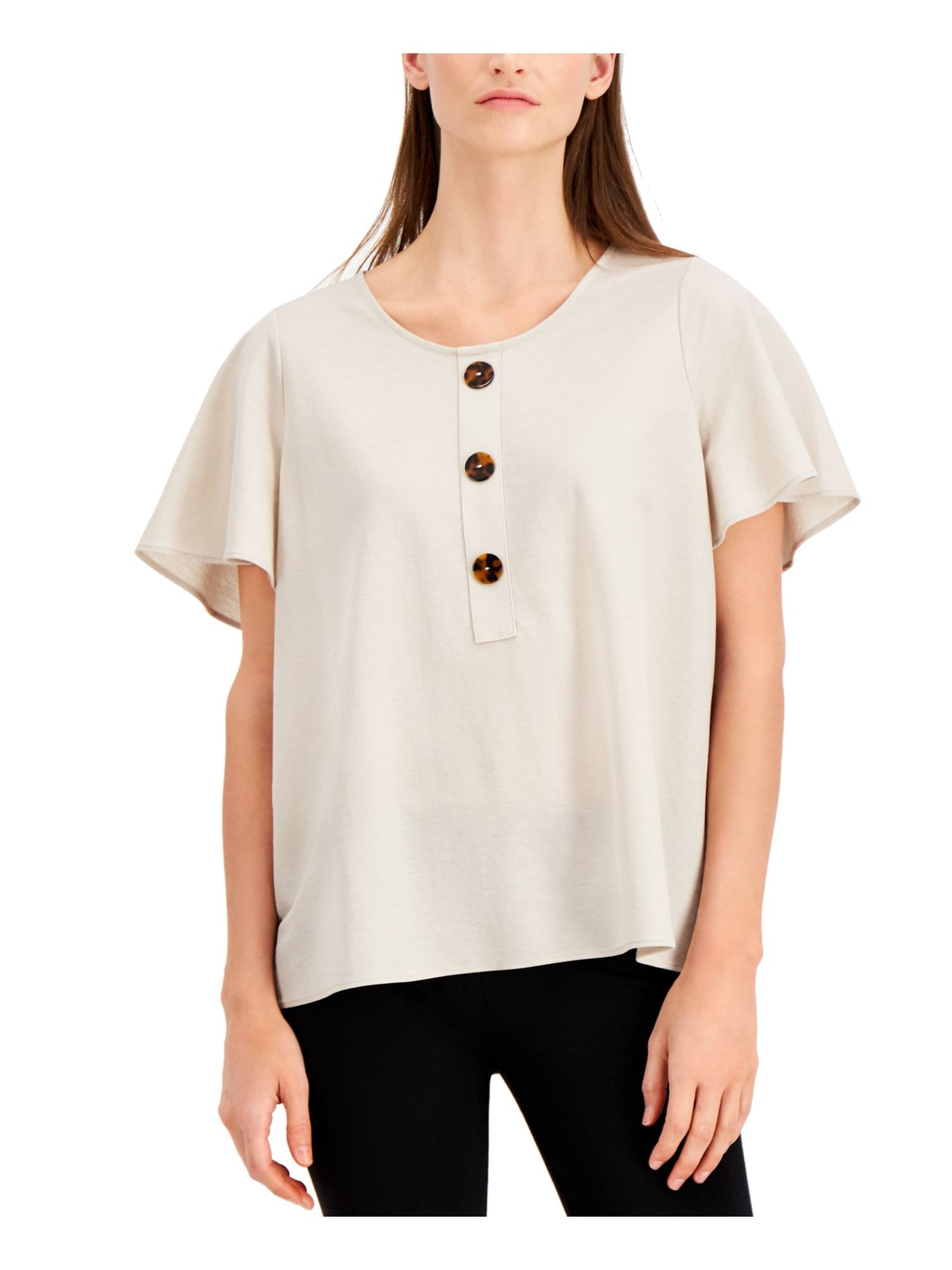 ALFANI Womens Beige Flutter Scoop Neck Top S