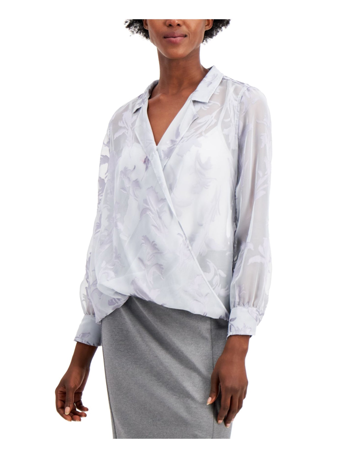 ALFANI Womens Gray Floral Long Sleeve V Neck Blouse Size: XL