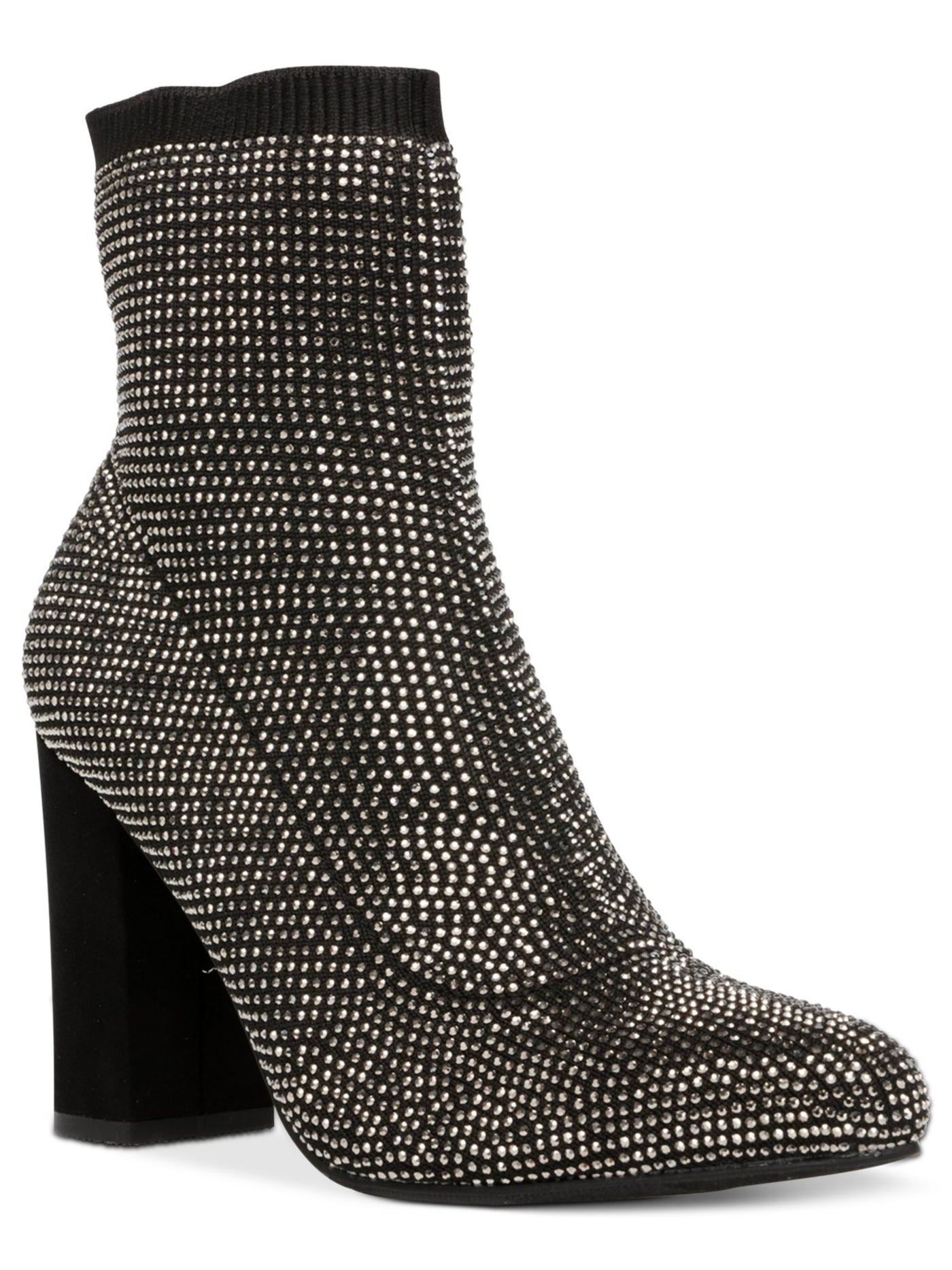WILD PAIR Womens Black Sock Cushioned Rhinestone Stretch Baybe Pointed Toe Block Heel Dress Booties 8 M