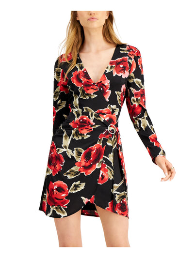 BAR III Womens Black Floral Long Sleeve V Neck Short Faux Wrap Dress 2