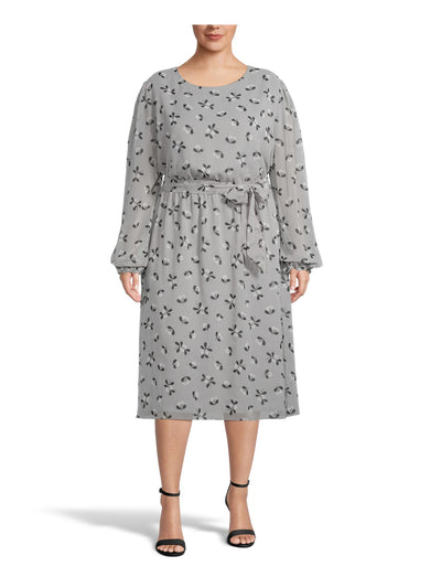 ANNE KLEIN Womens Gray Tie Ruffled Printed Long Sleeve Scoop Neck Midi Shift Dress Plus 0X