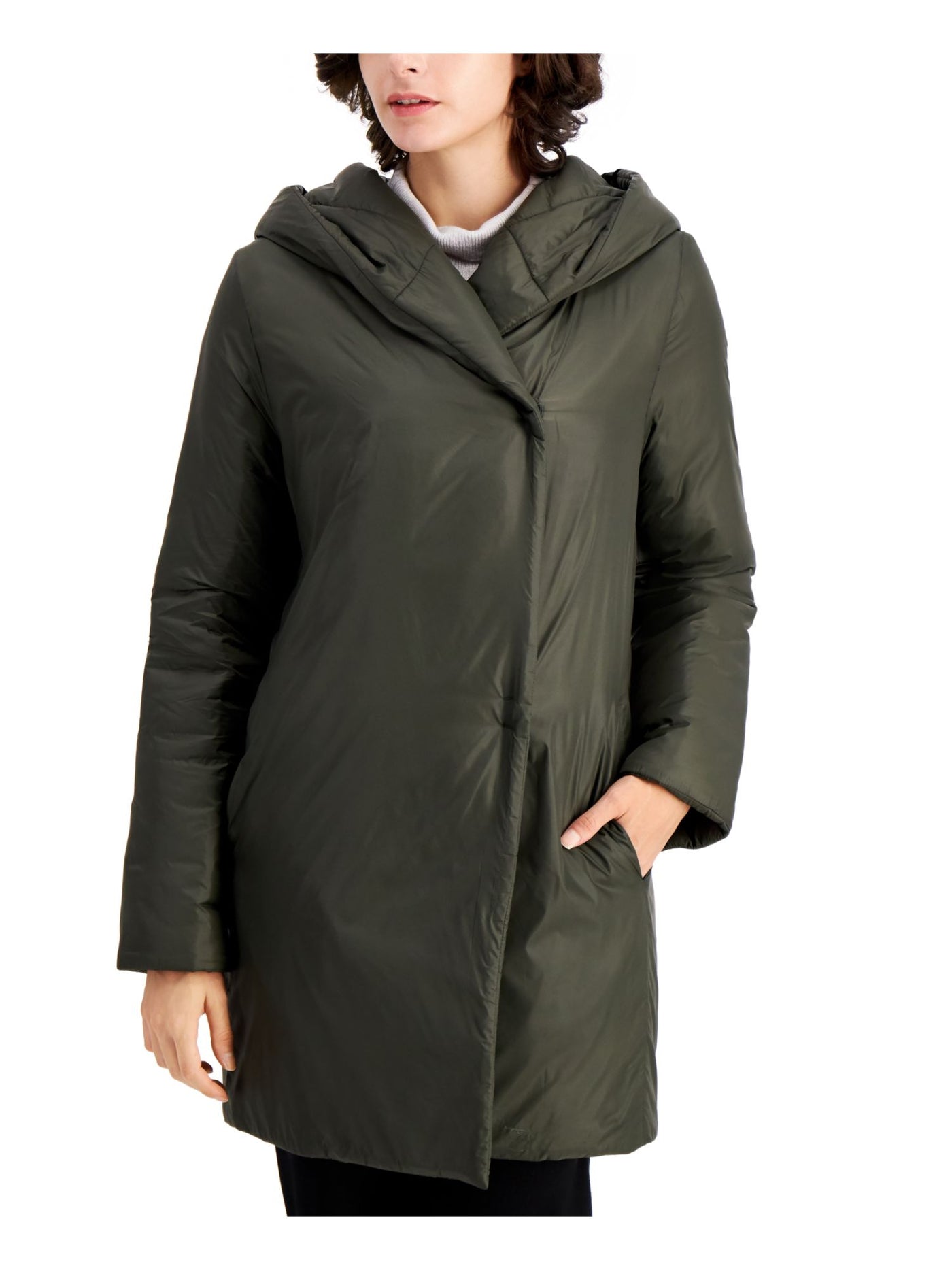 EILEEN FISHER Womens Green Pocketed Shawl-collar Quilted Winter Jacket Coat L