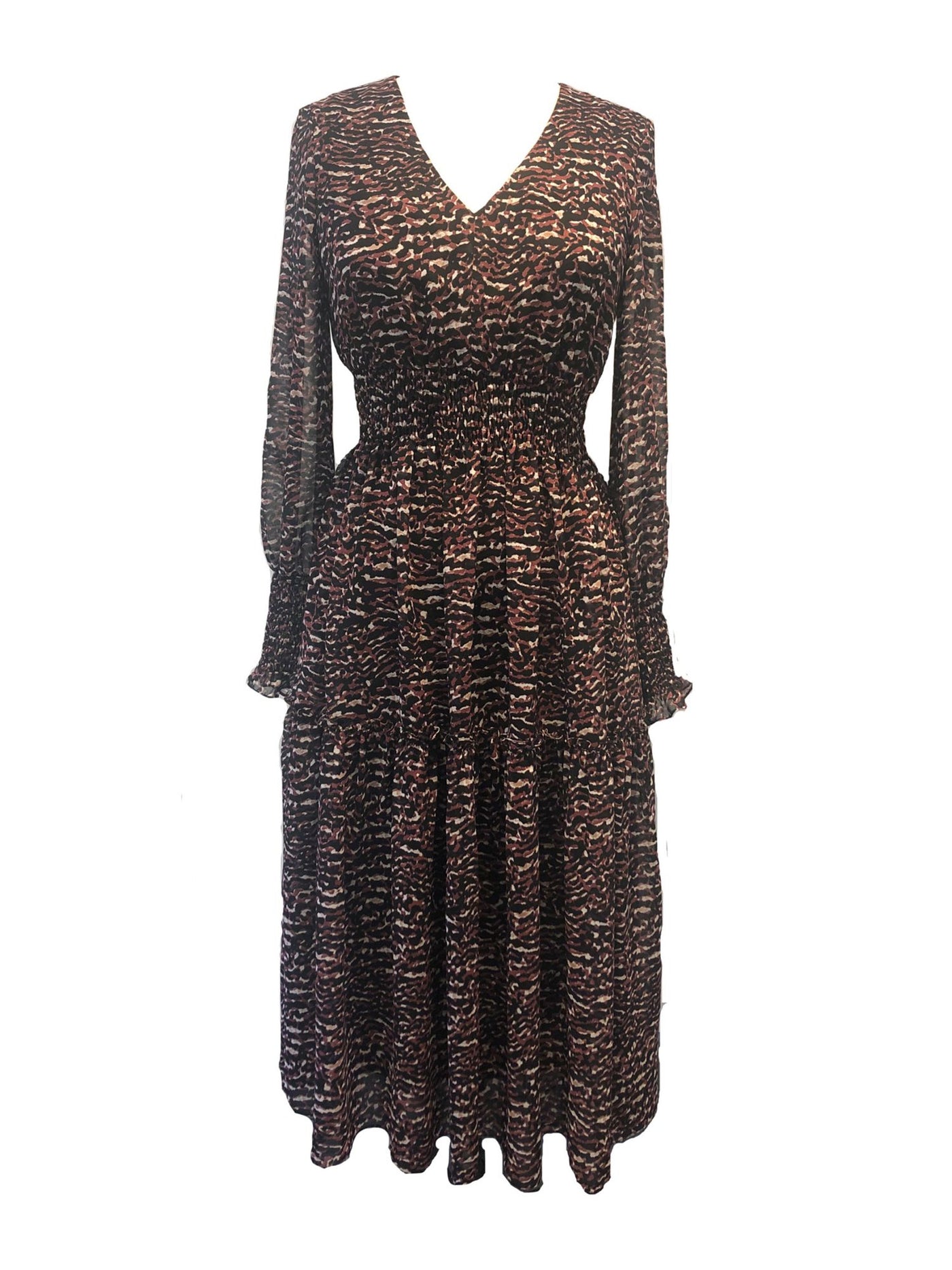 TAYLOR Womens Ruffled Smocked Long Sleeve V Neck Midi A-Line Dress