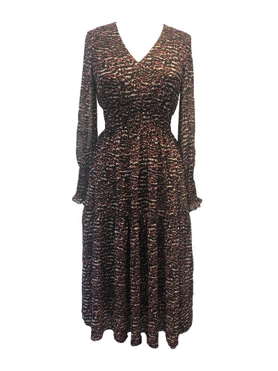 TAYLOR Womens Brown Ruffled Smocked Camouflage Long Sleeve V Neck Midi A-Line Dress Petites 2P