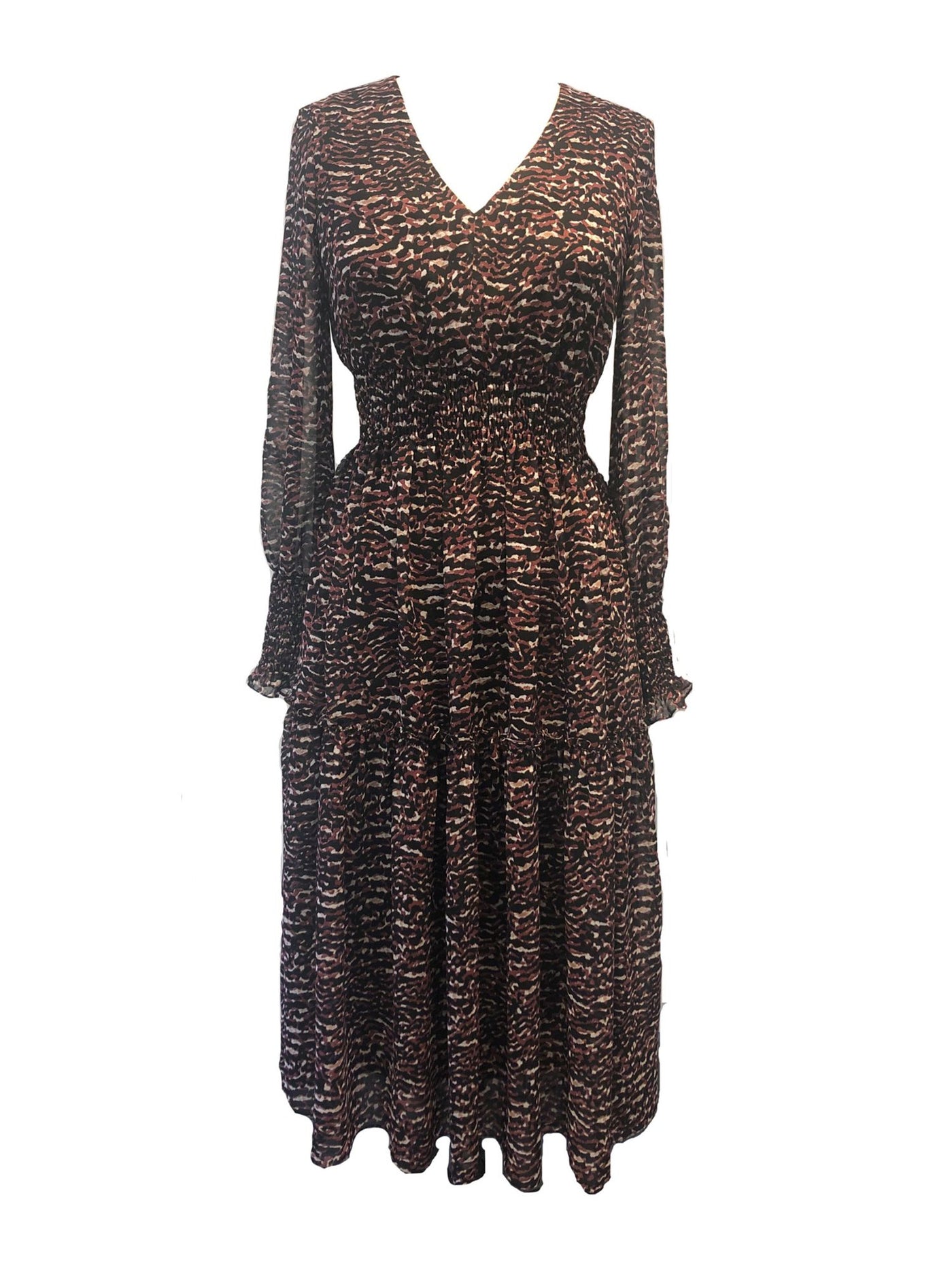 TAYLOR Womens Brown Ruffled Smocked Camouflage Long Sleeve V Neck Midi A-Line Dress Petites 2P