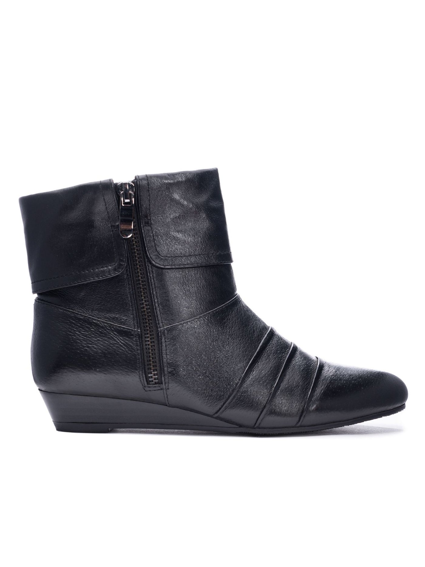 CHINESE LAUNDRY Womens Black Cuffed Shaft Padded Pleated Tehya Round Toe Wedge Zip-Up Leather Booties 6.5 M