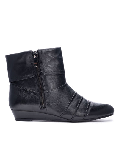 CHINESE LAUNDRY Womens Black Cuffed Shaft Padded Pleated Tehya Round Toe Wedge Zip-Up Leather Booties 6.5 M