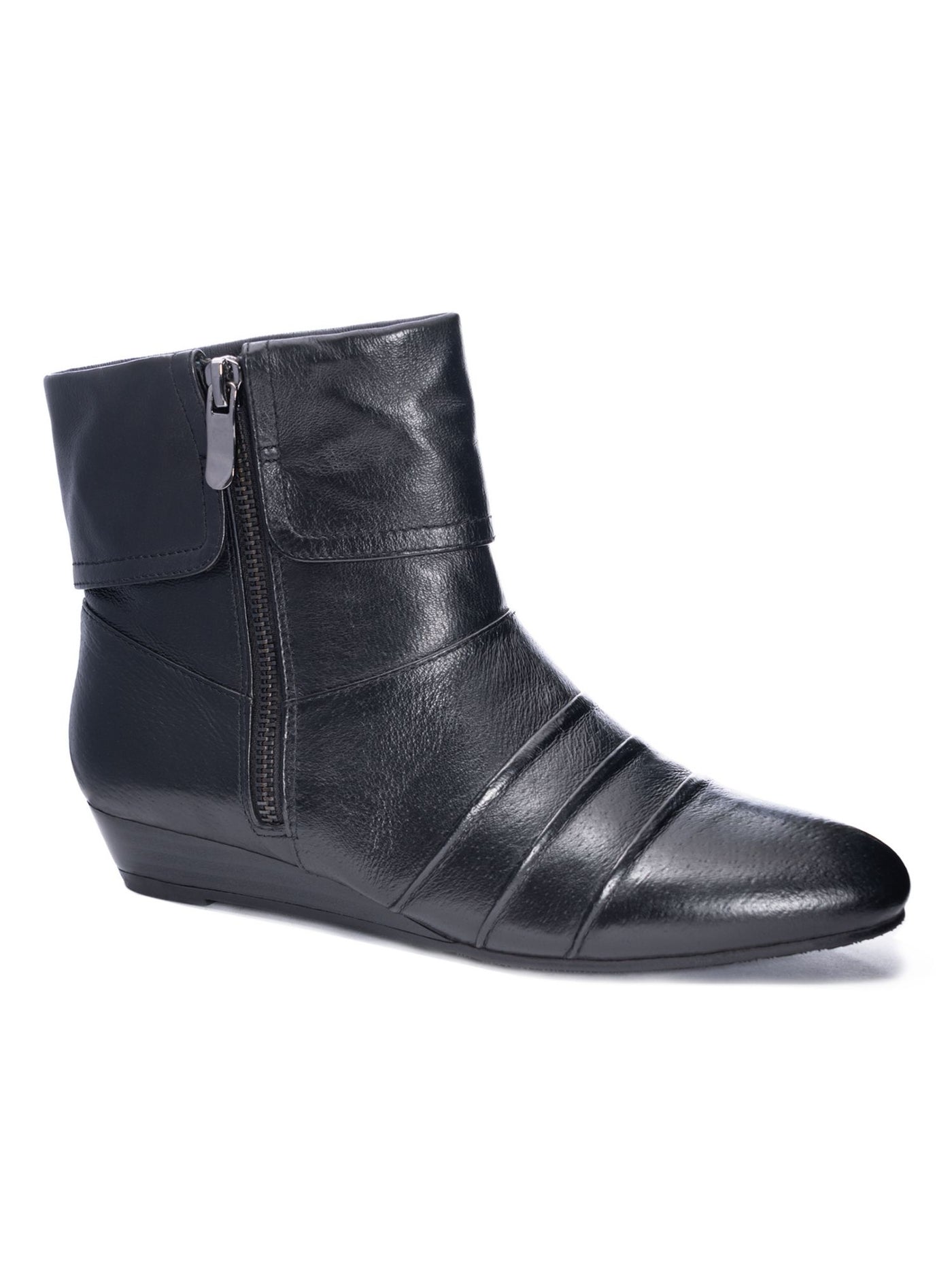 CHINESE LAUNDRY Womens Black Cuffed Shaft Padded Pleated Tehya Round Toe Wedge Zip-Up Leather Booties 6.5 M