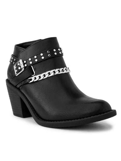 SUGAR Womens Black Chain And Strap Detailing Studded Buckle Accent Vroomy Almond Toe Block Heel Zip-Up Booties 9 M