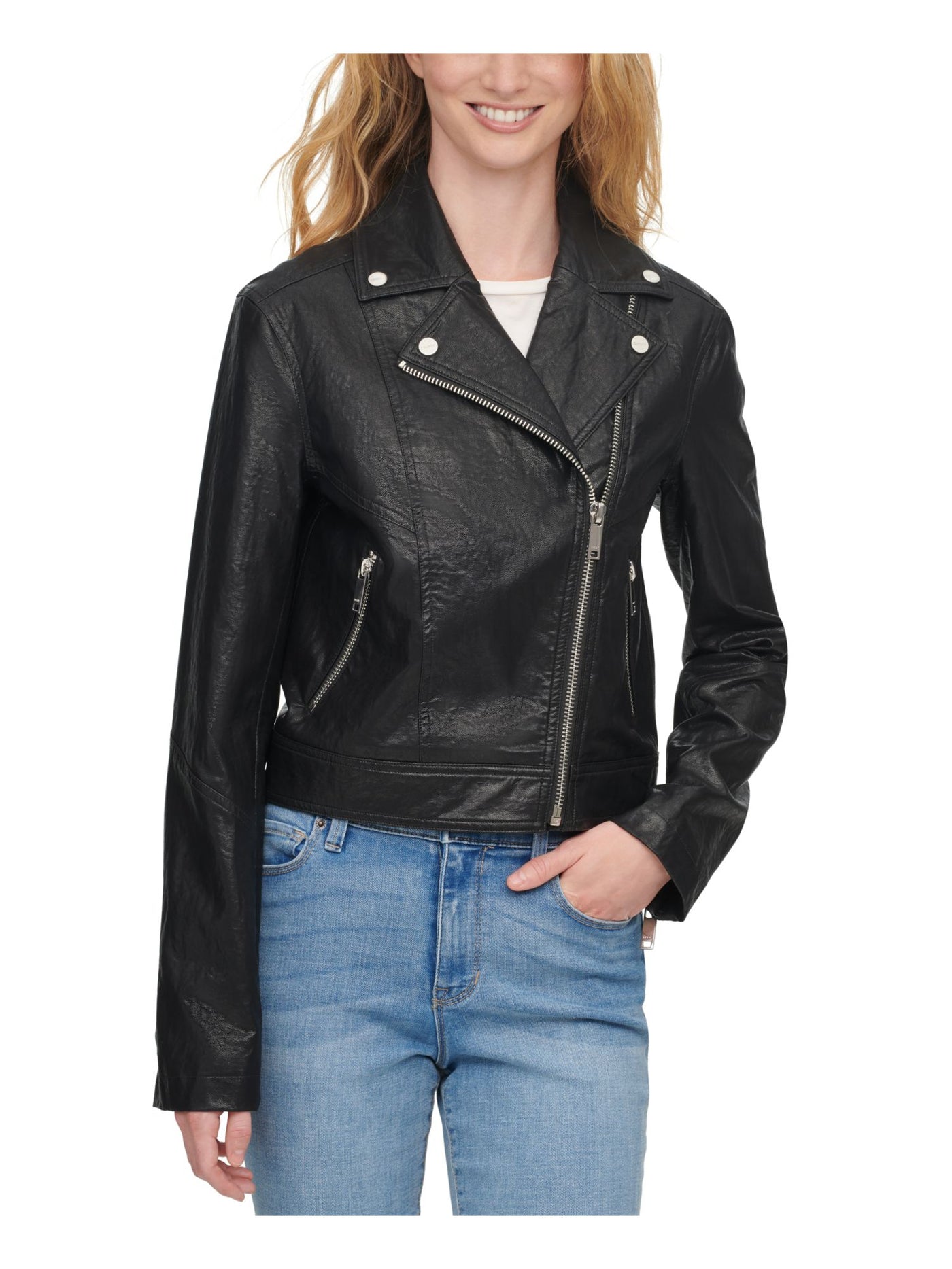 DKNY Womens Black Pocketed Faux Leather Motorcycle Jacket XL